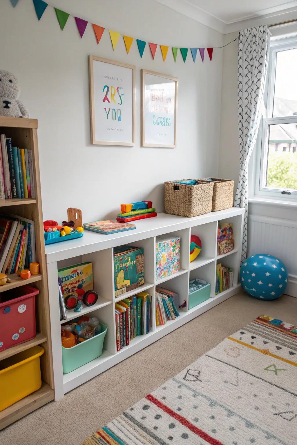A low bookshelf designed for accessible toy arrangements.