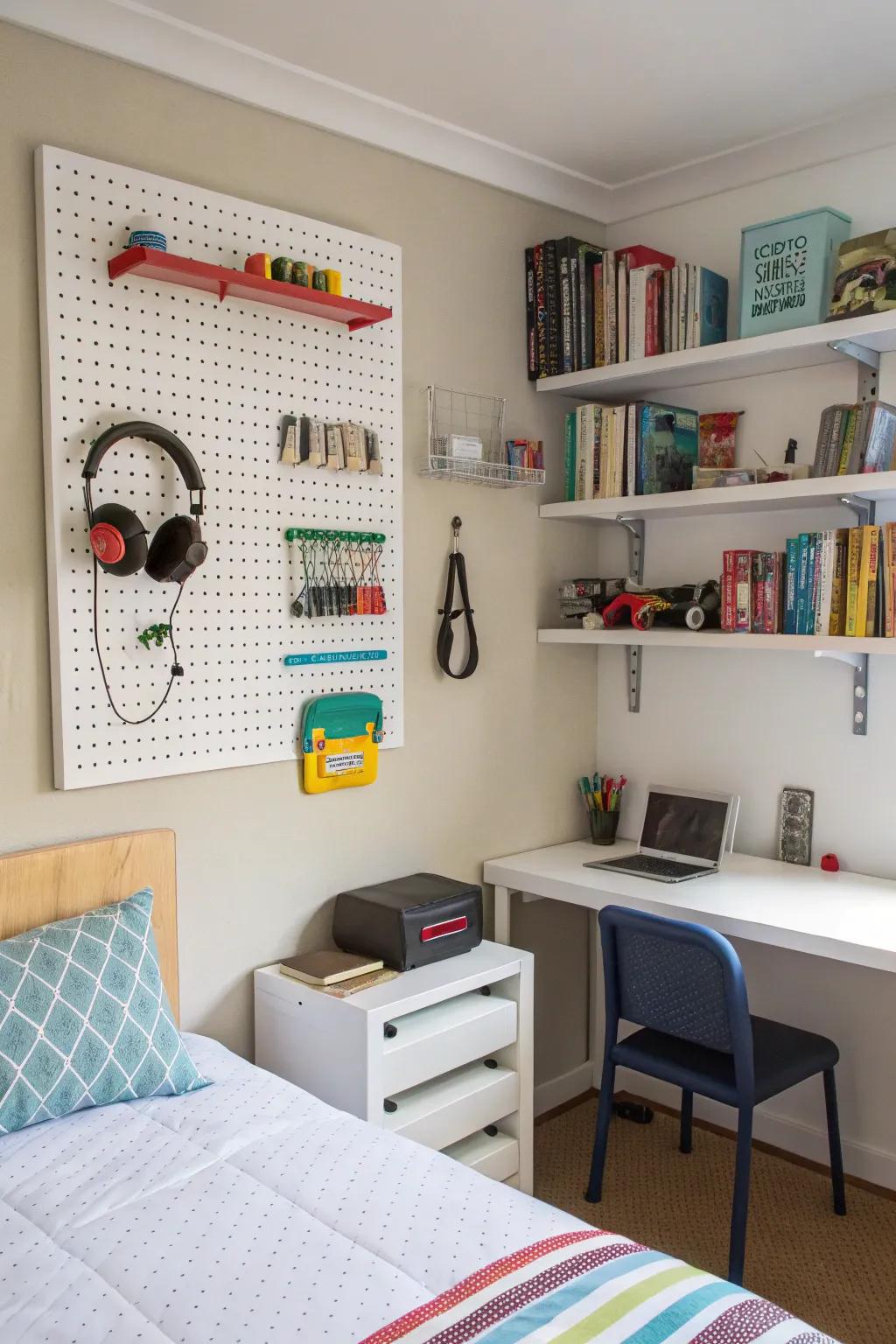 Pegboards provide adjustable and flexible storage options.