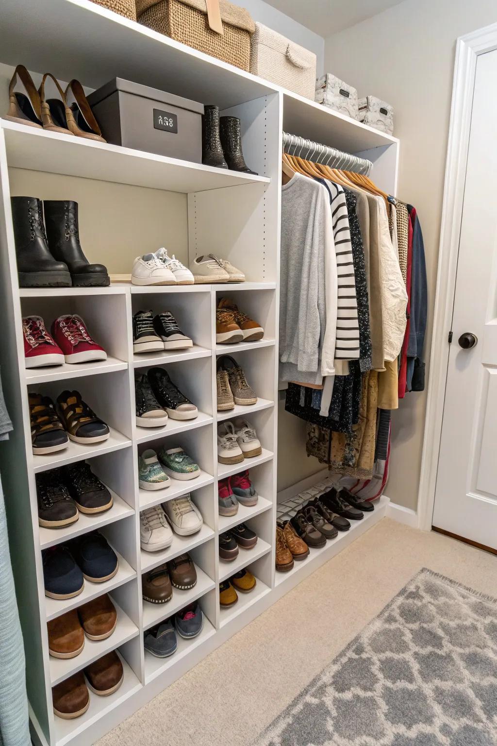 Footwear cubbies maintain organized and obtainable footwear.