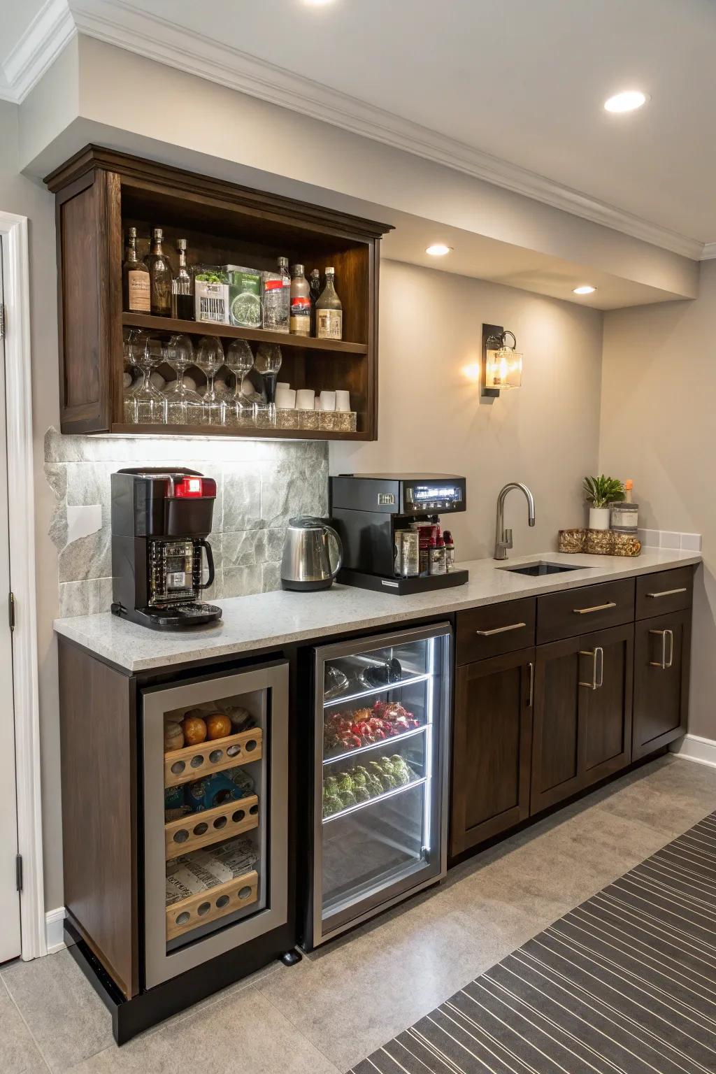 A multi-purpose small wet bar featuring a coffee and treat station.