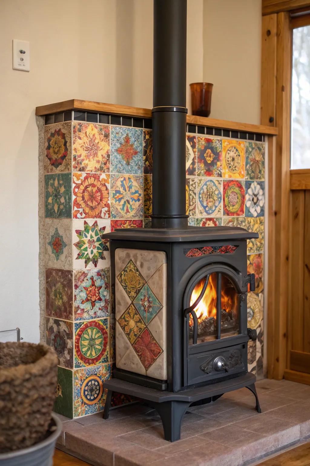 Artistic tiles introduce a burst of color and texture around a furnace.