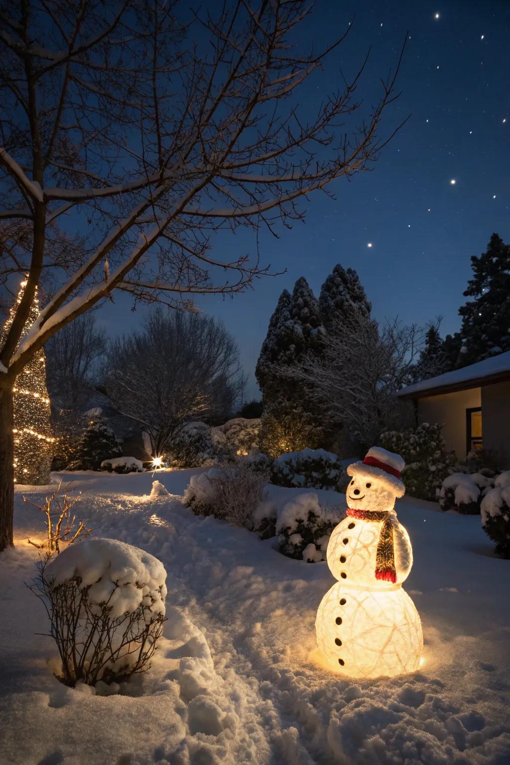 A radiant snowman luminary enlivening the nocturnal hours.