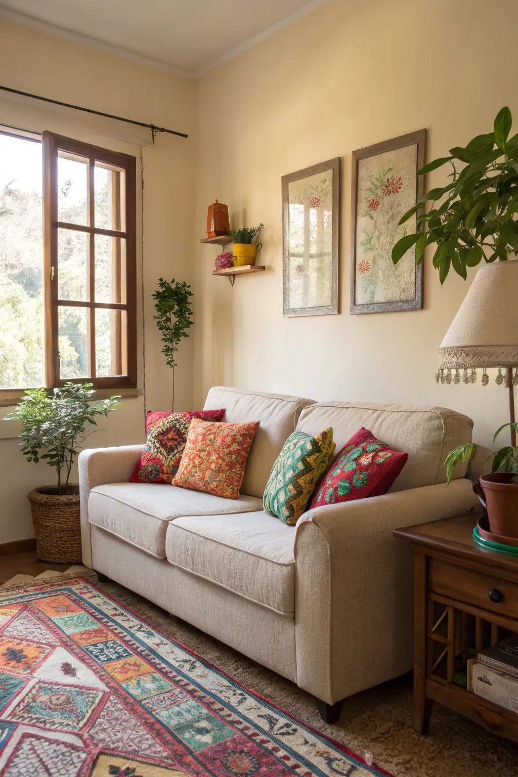 Colorful accent pillows bring personality to a neutral sofa.