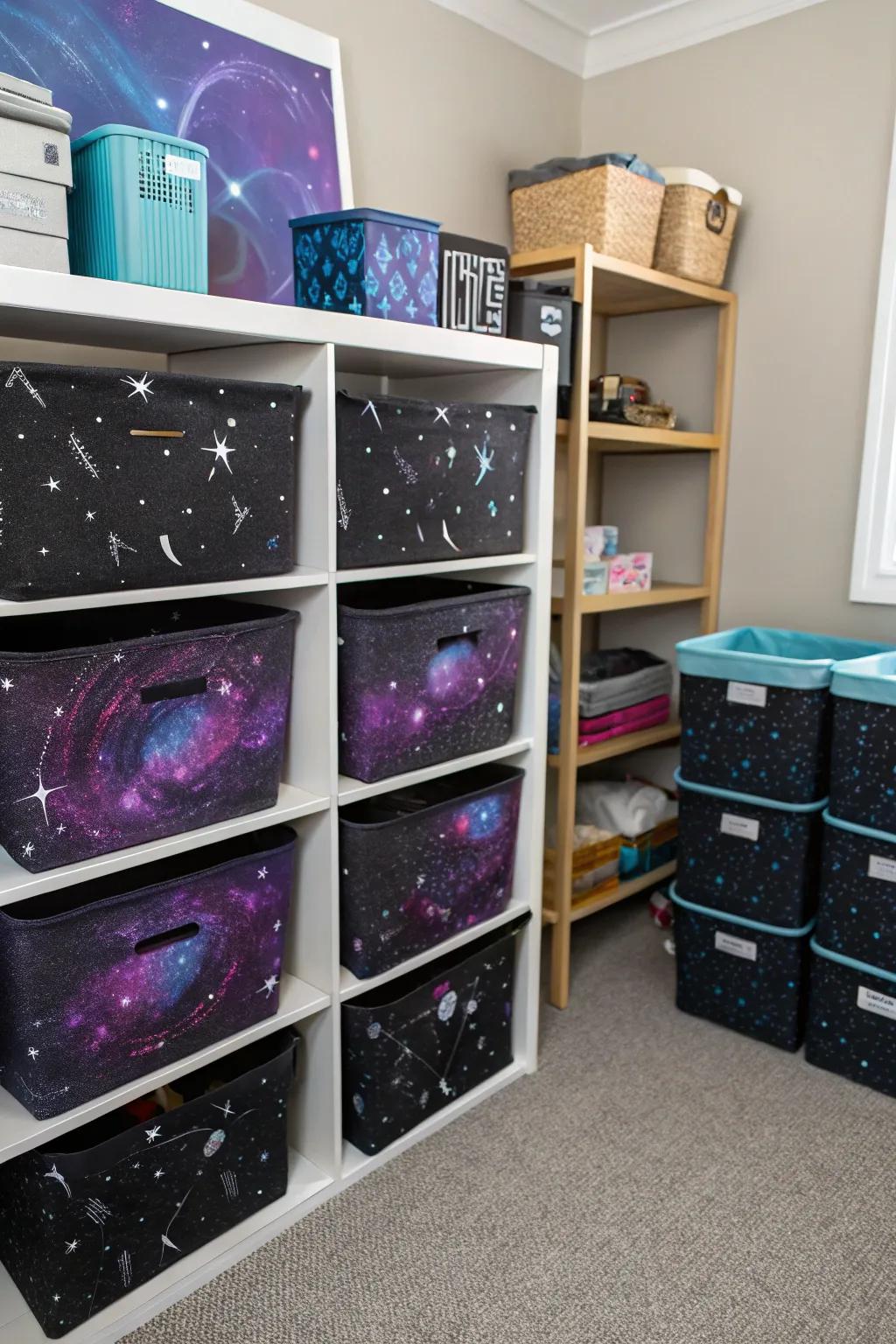 Stellar-inspired storage keeps the personal space organized and on-theme.