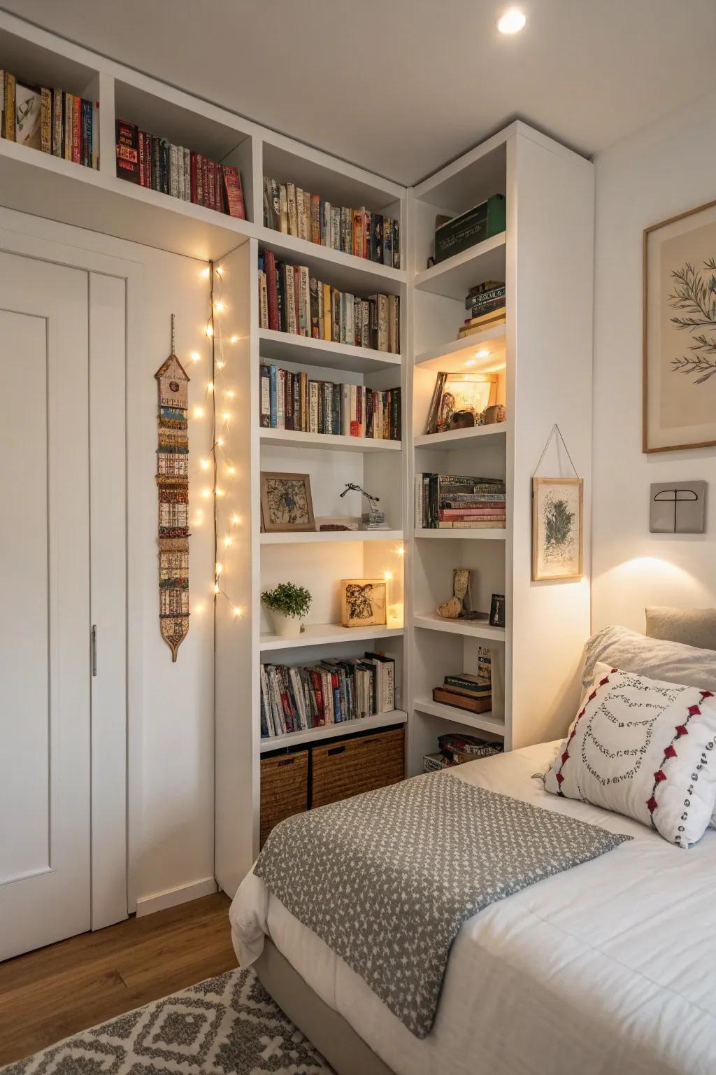 High shelves offer additional storage while enhancing the room's vertical dimension.