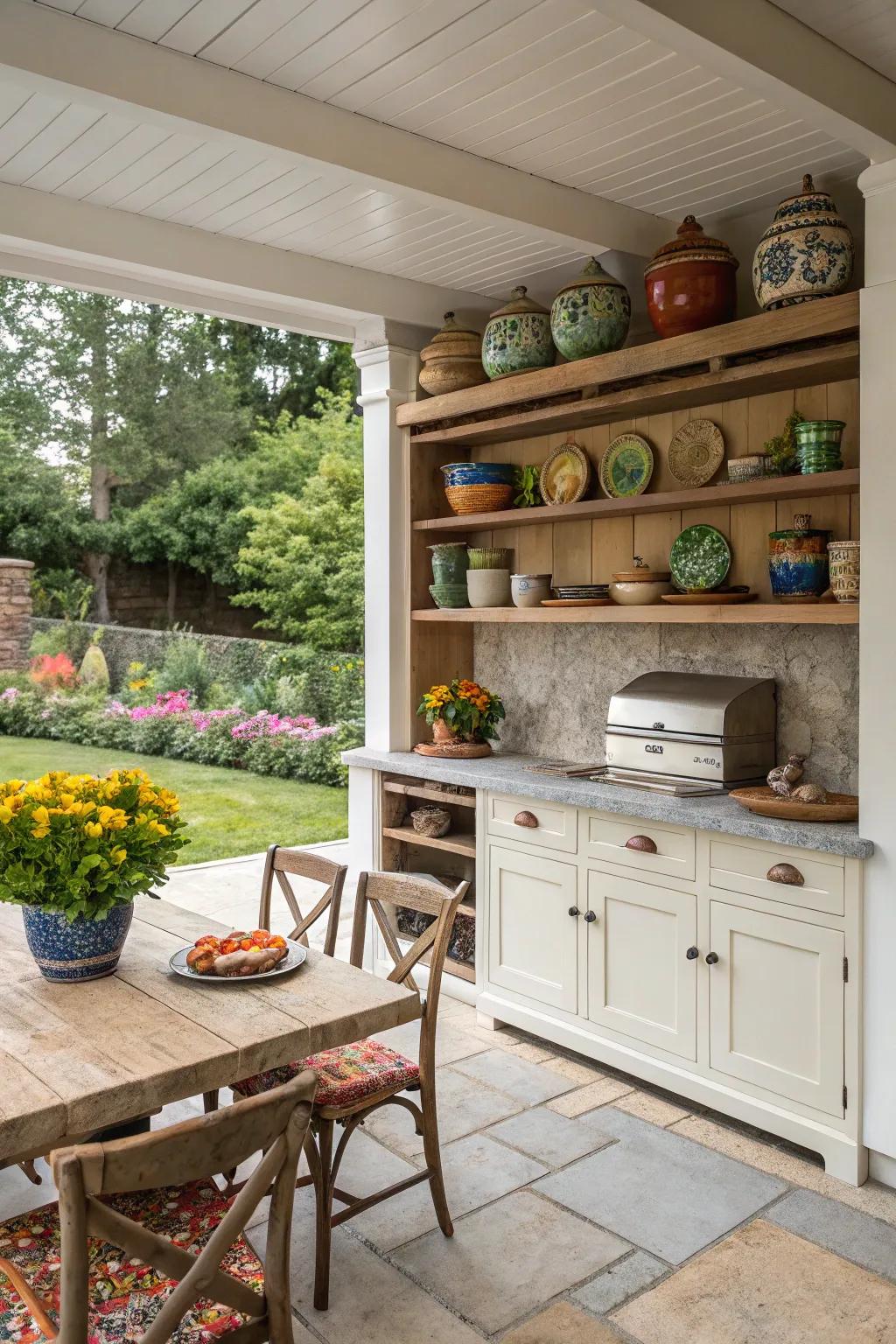 Exposed shelving showcases beautiful pottery and adds practicality to this outdoor kitchen.