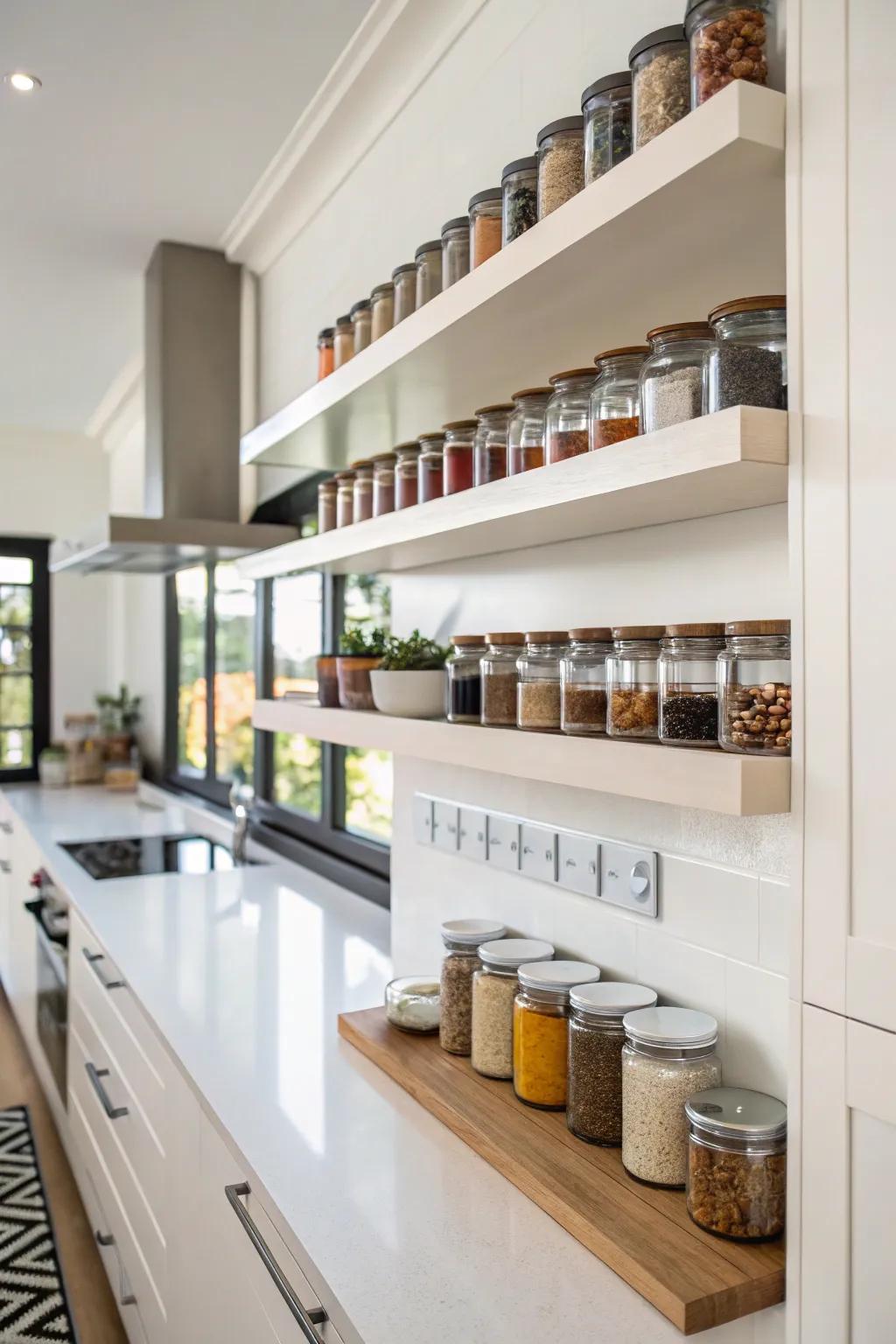 Hanging shelves contribute modern beauty to spice storage.