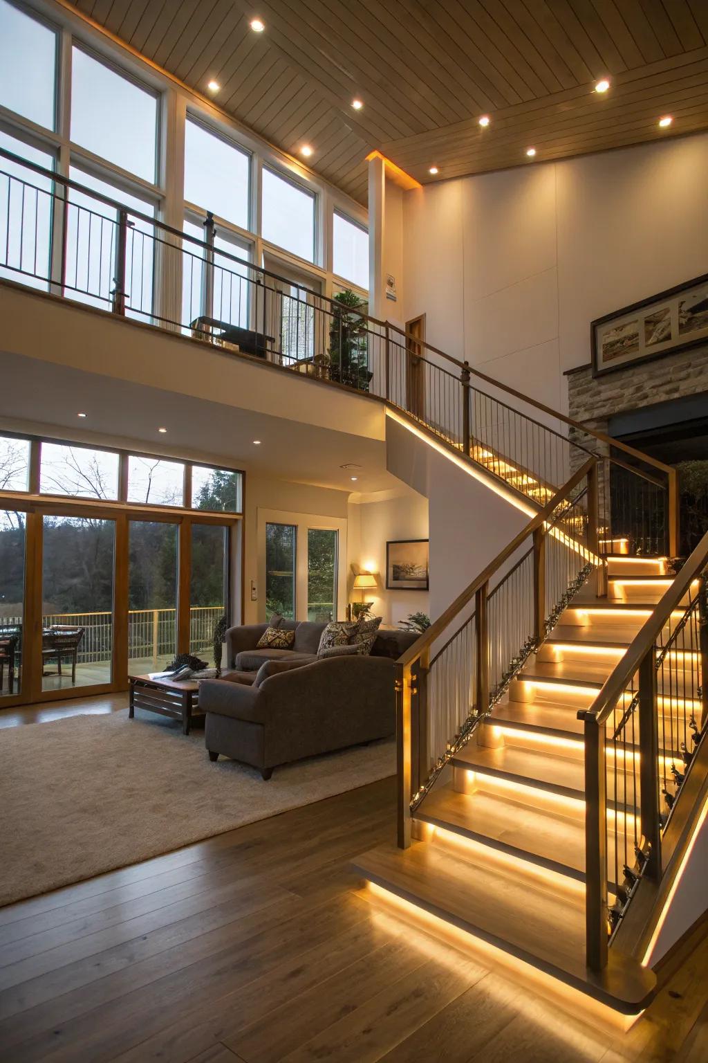 LED-lit railings creating a magical ambience in a split-level dwelling.