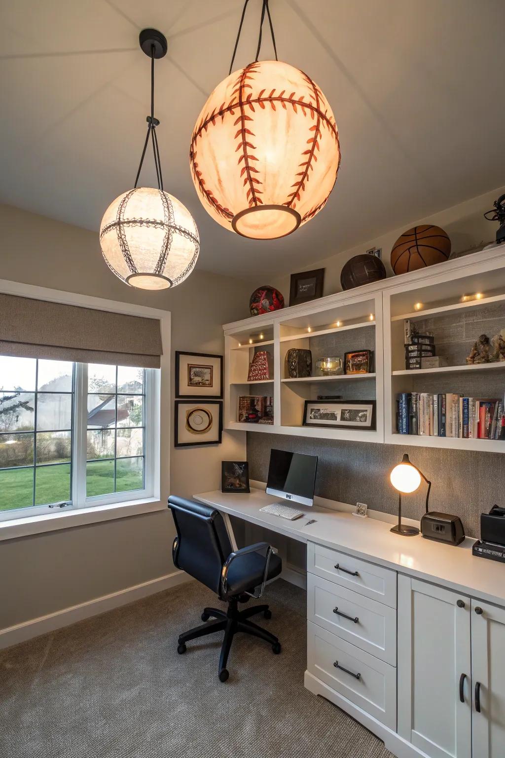 Sports-themed lighting enhances decor and atmosphere.