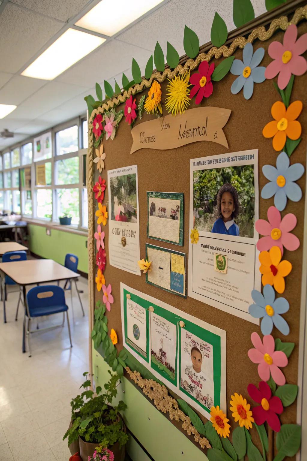 A garden-inspired notice board that celebrates student progress and achievements.
