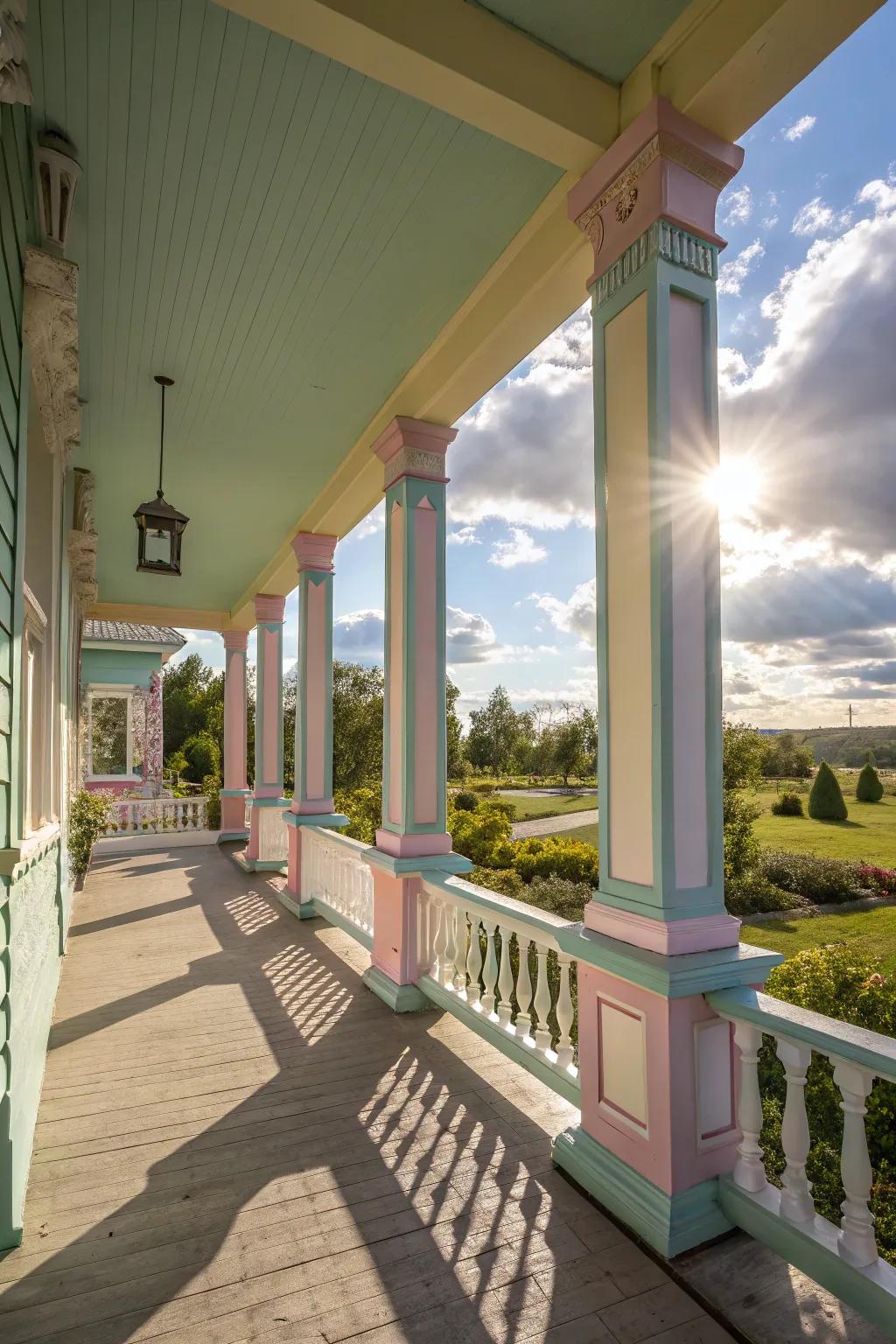 Pastel colors on rectangular pillars create a gentle, inviting atmosphere.