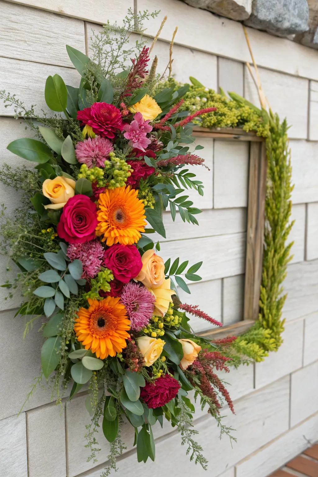 Bring the garden to your door with a fresh floral square wreath.