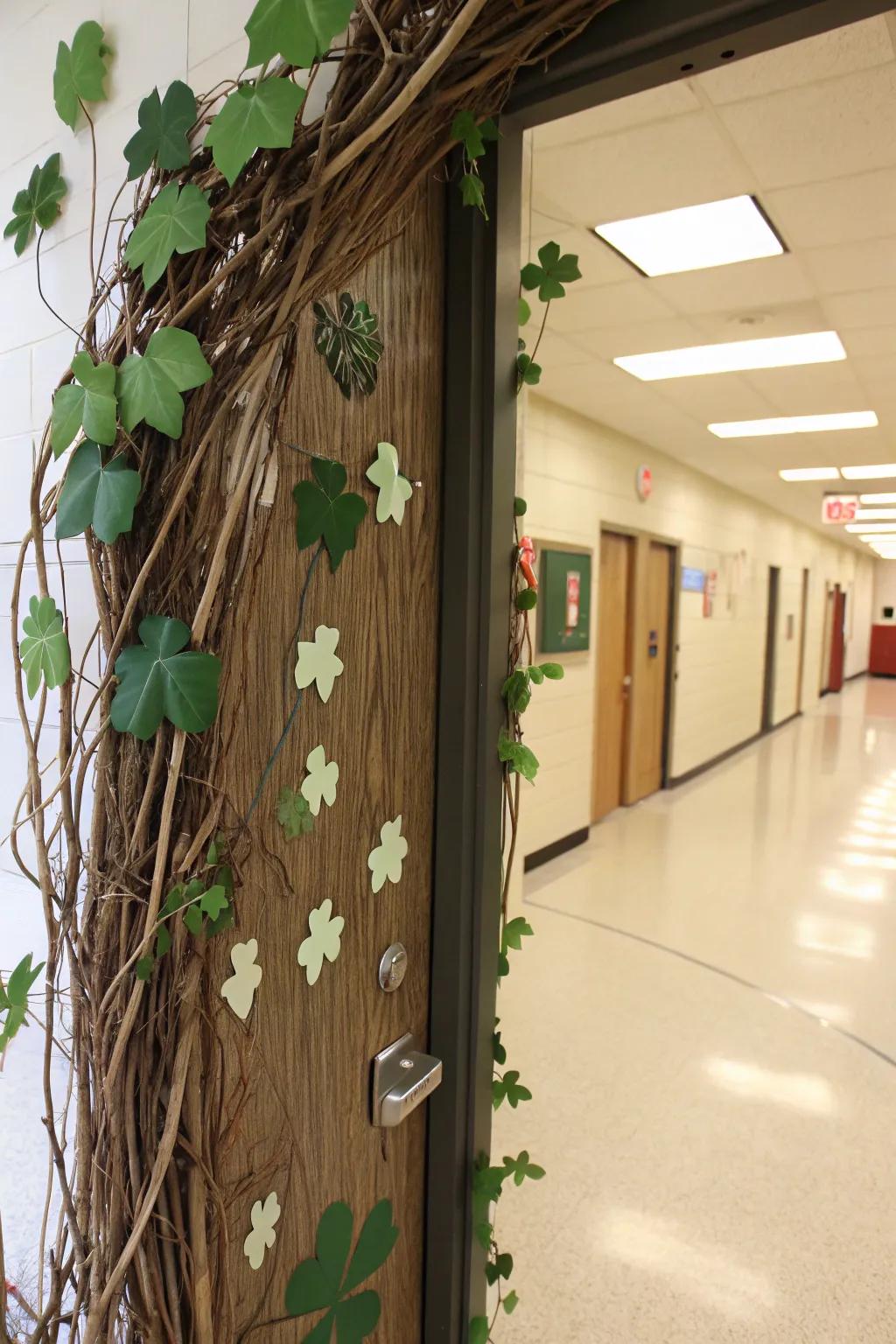 A classroom door with natural elements like twigs and leaves for an earthy feel.