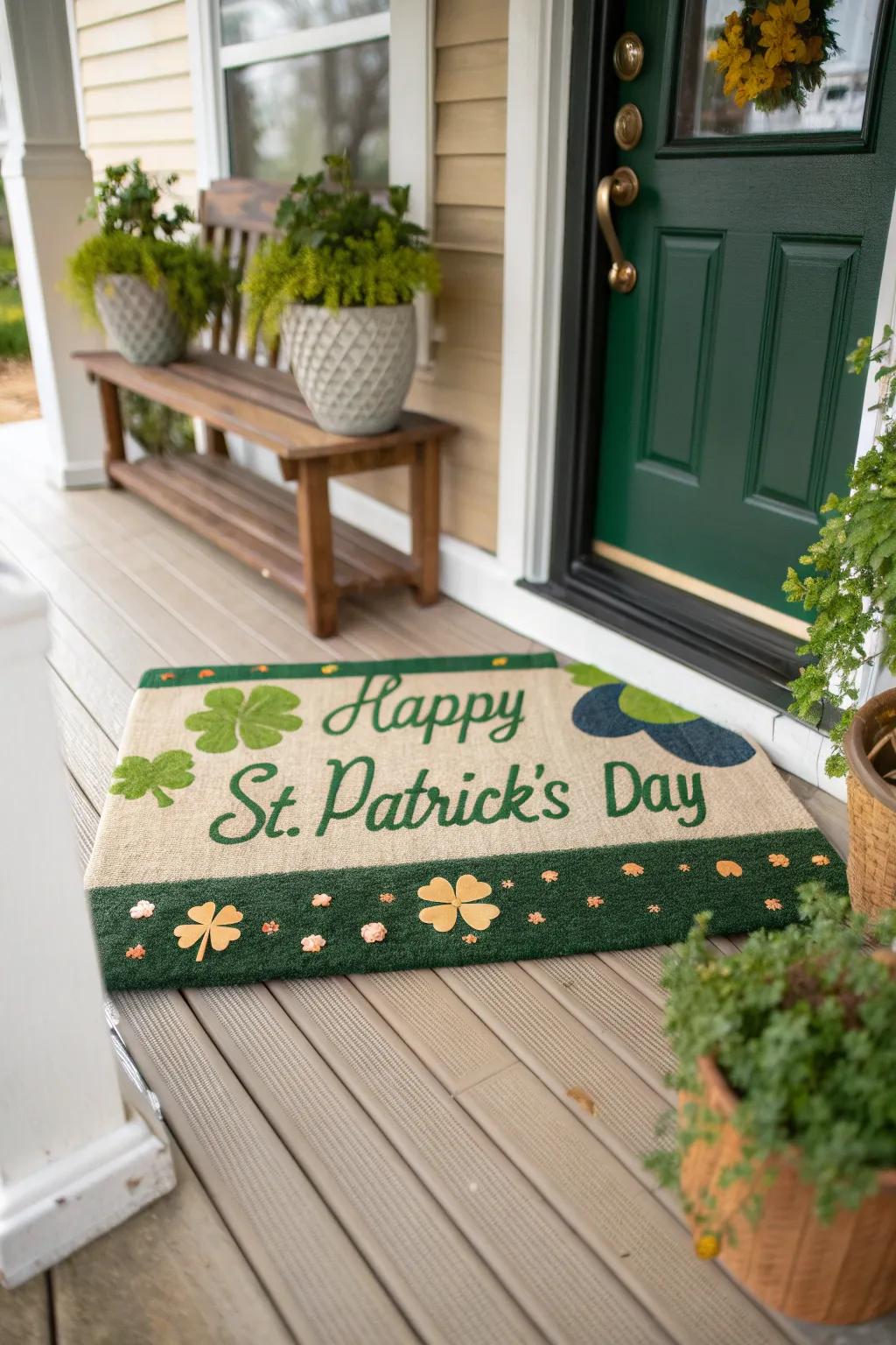Welcome visitors through a celebratory St. Patrick's Day entryway mat.