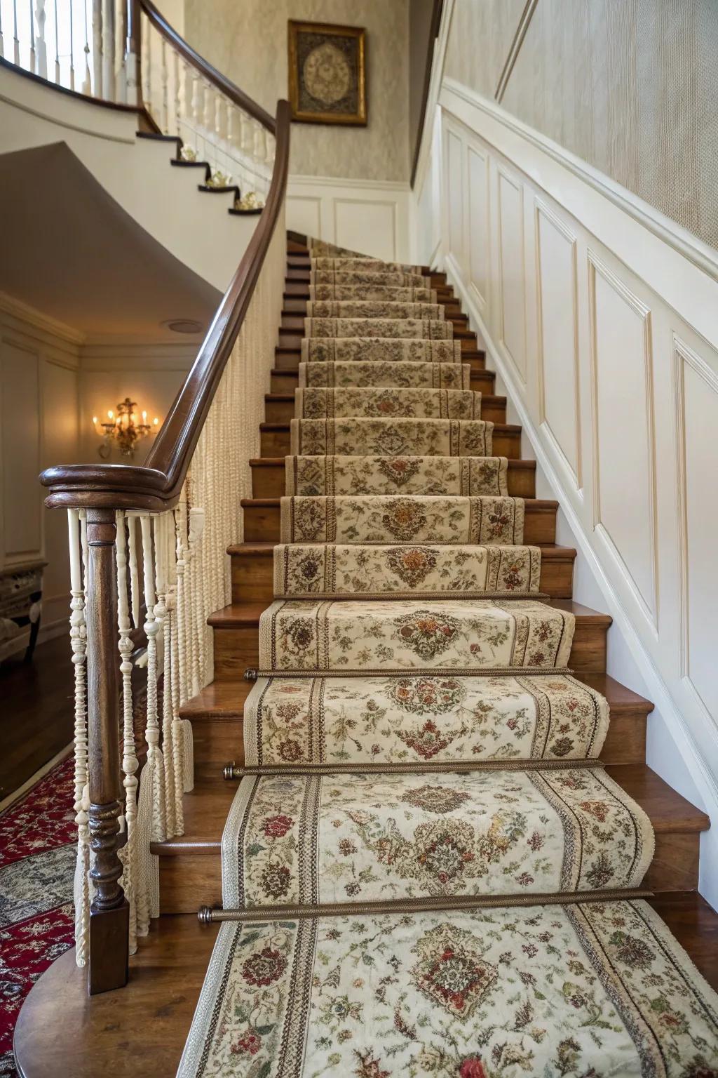 A classic rug runner introduces charm and character to the staircase.