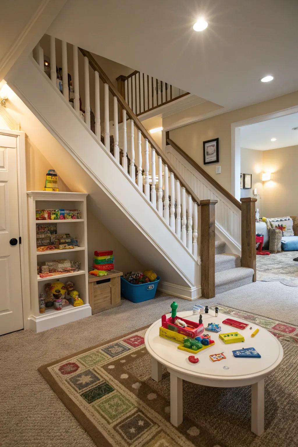 Create joy through a kids&rsquo; activity center beneath the staircase.
