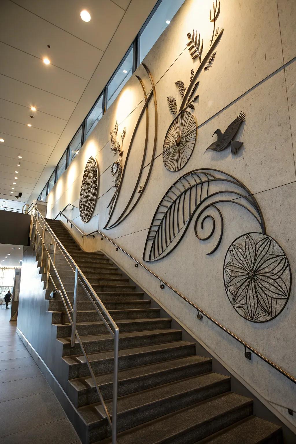 Metal artwork imparts a contemporary impression.