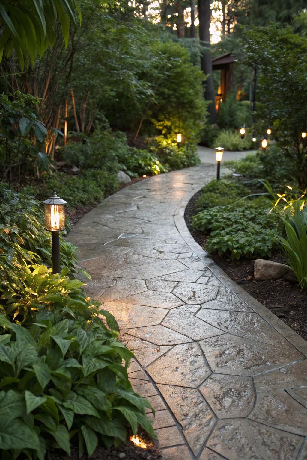 Iridescent glimmer adds a touch of sophistication to this garden path.