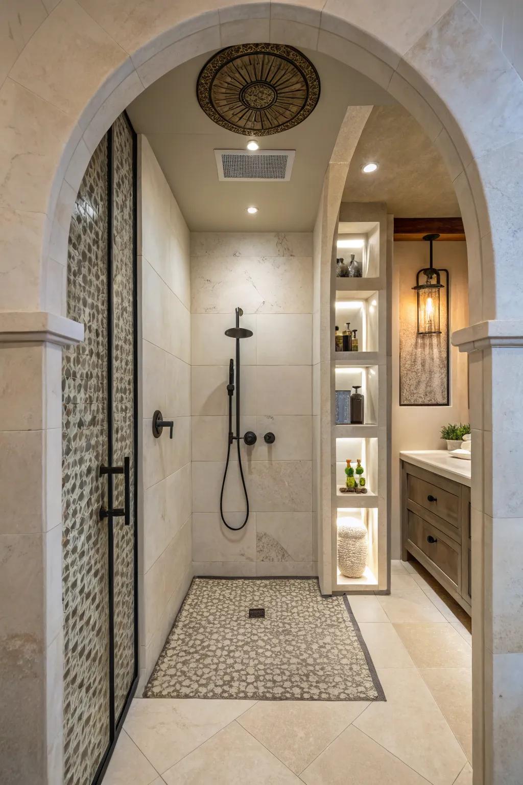 Architectural elements fashioning a unique shower nook.