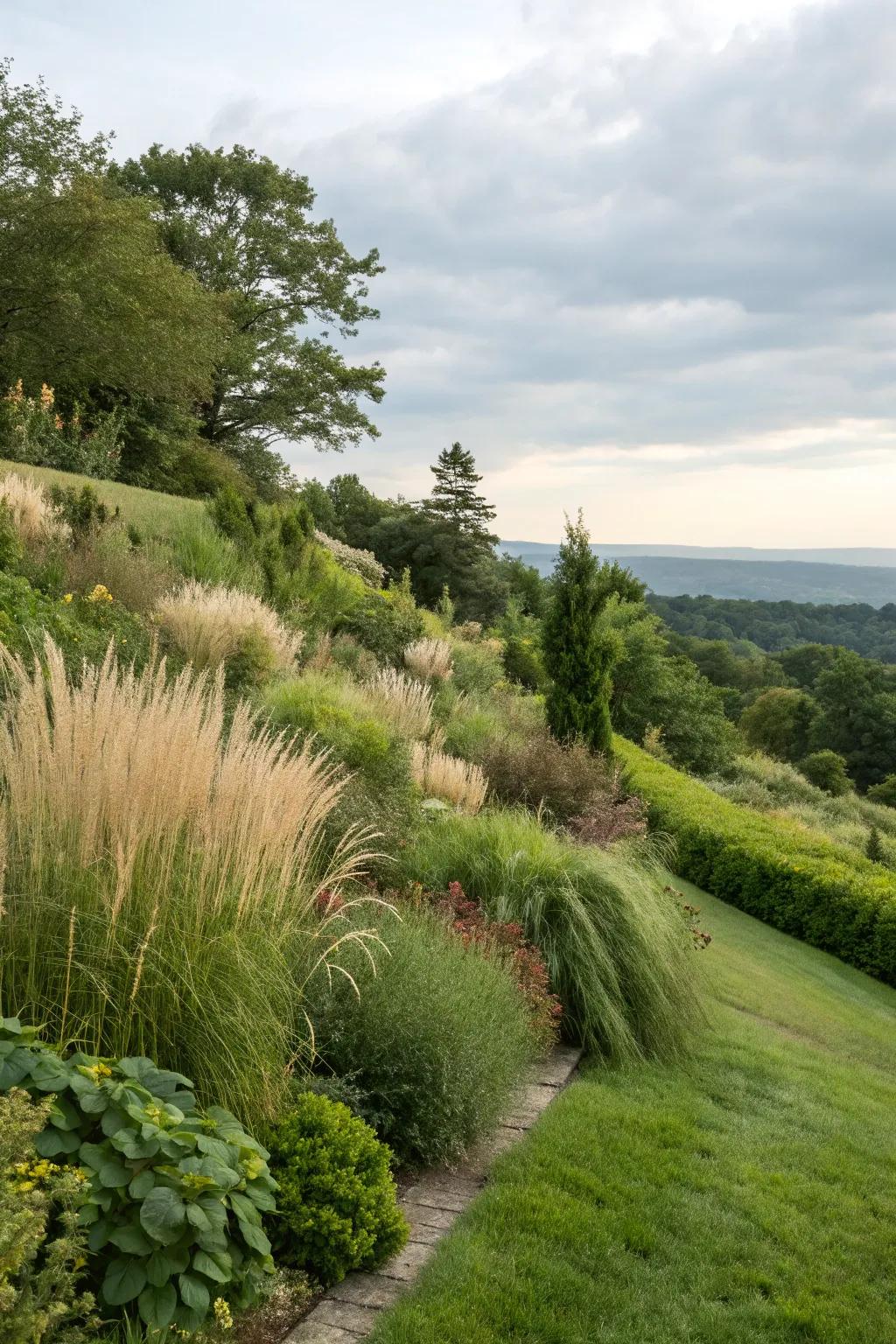 Tall plantings offer seclusion and structure on slopes.