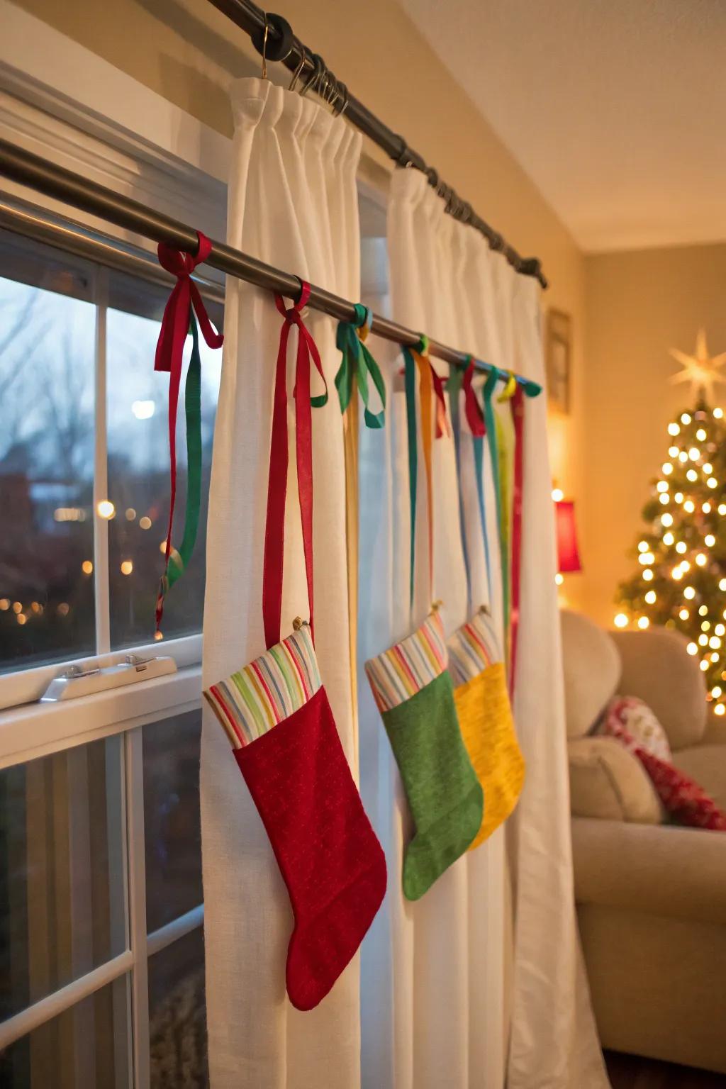 Curtain rods provide a versatile stocking display solution.