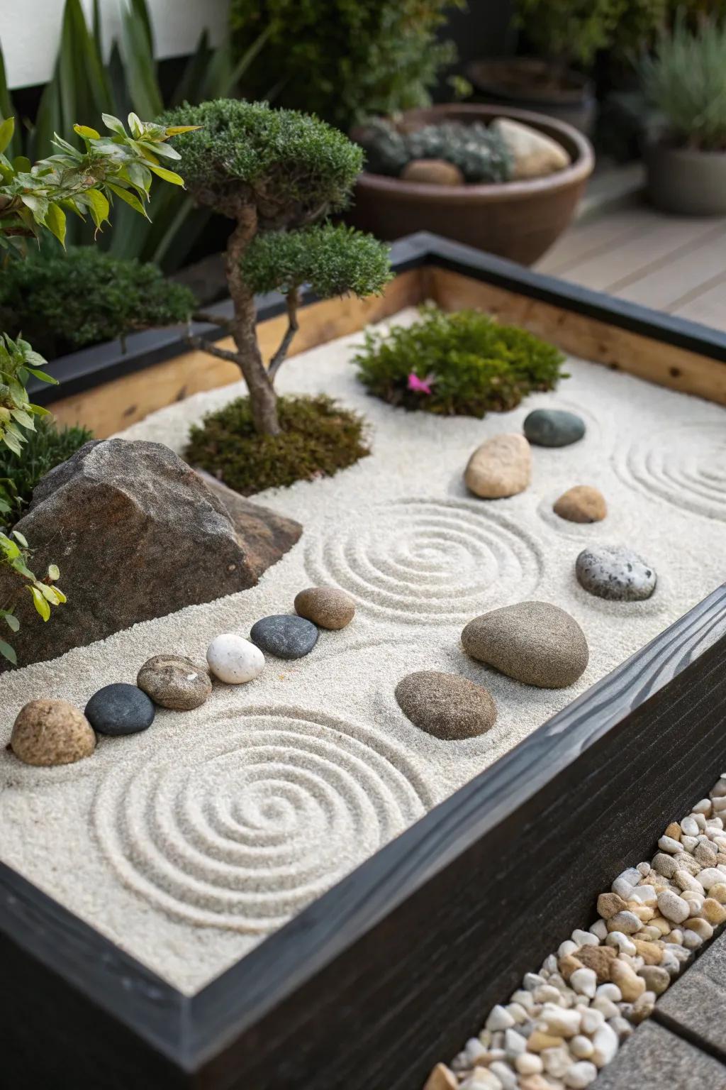 A tranquil small surface Zen garden for meditation.