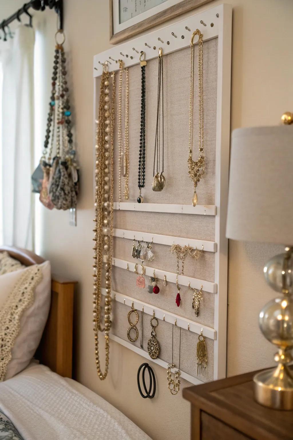 Showcase and arrange jewelry with a chic wall-affixed piece.
