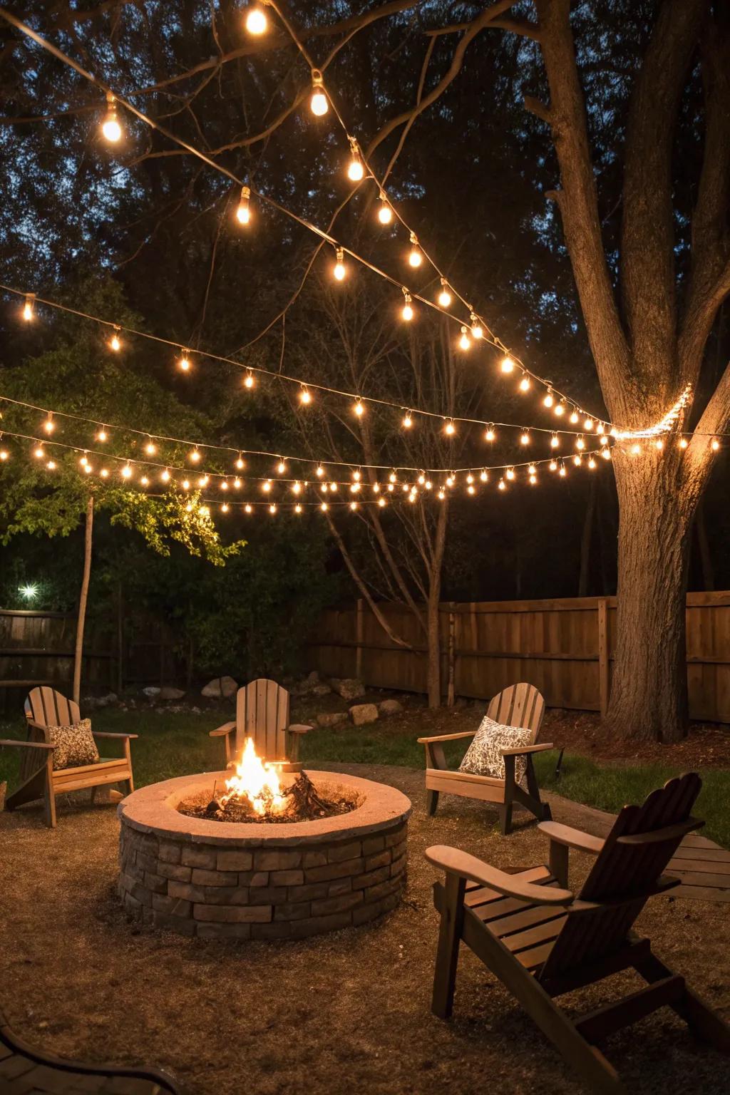 Layered string lights add depth and dimension to the space.