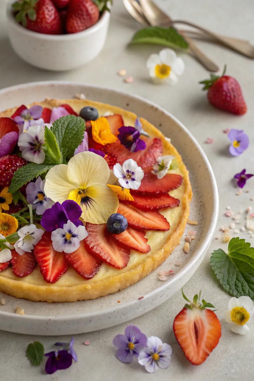 A breathtaking dish embellished with edible flowers.