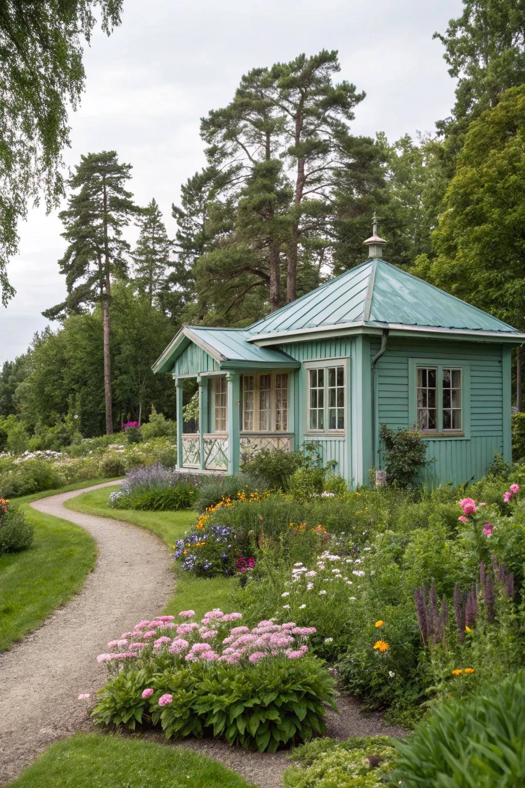 A stylish summer house in muffled teal, offering a tranquil garden escape.