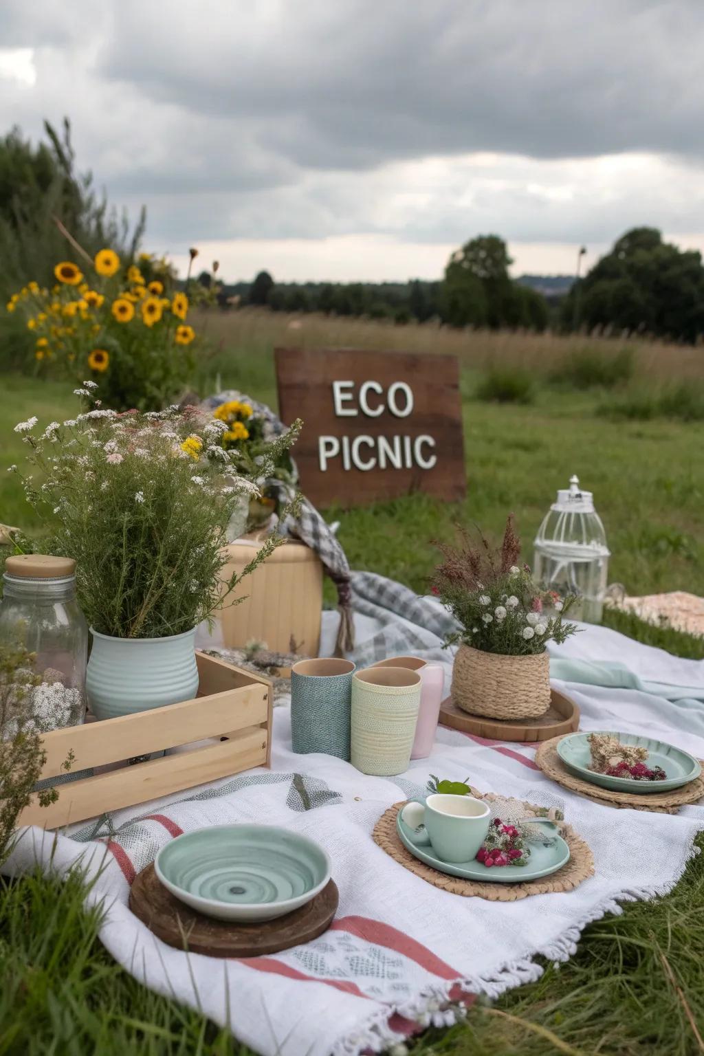 An eco-conscious picnic setup with sustainability in mind