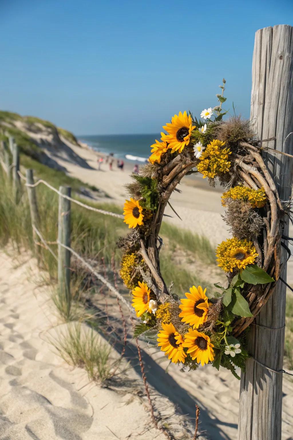 Experience rustic coastal charm with sunflowers combined with organic driftwood accents.