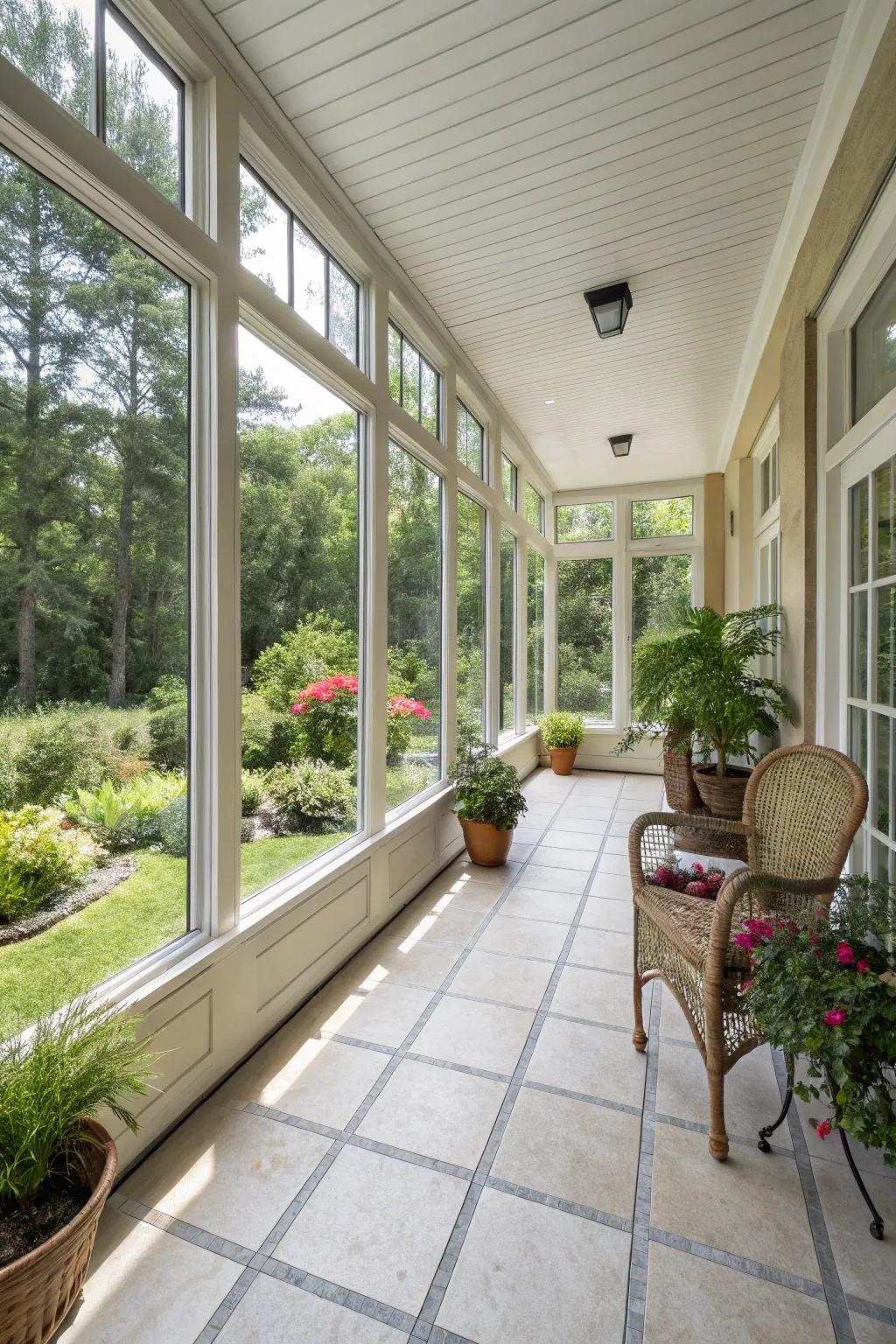 Seamless flooring transitions create a harmonious interior-exterior connection.