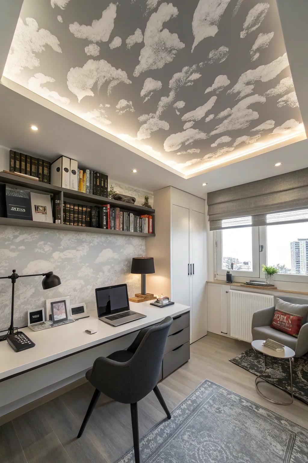 A domestic office with abstract nimbus designs.