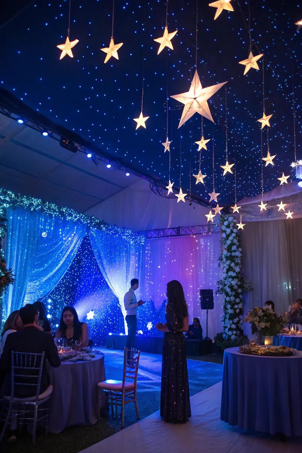 A starry night themed backdrop creates a magical, dreamlike atmosphere.