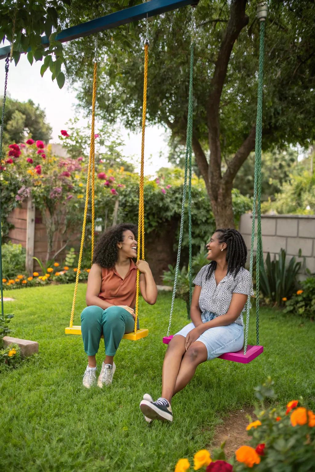 Paired swings invite shared moments of joy and connection.