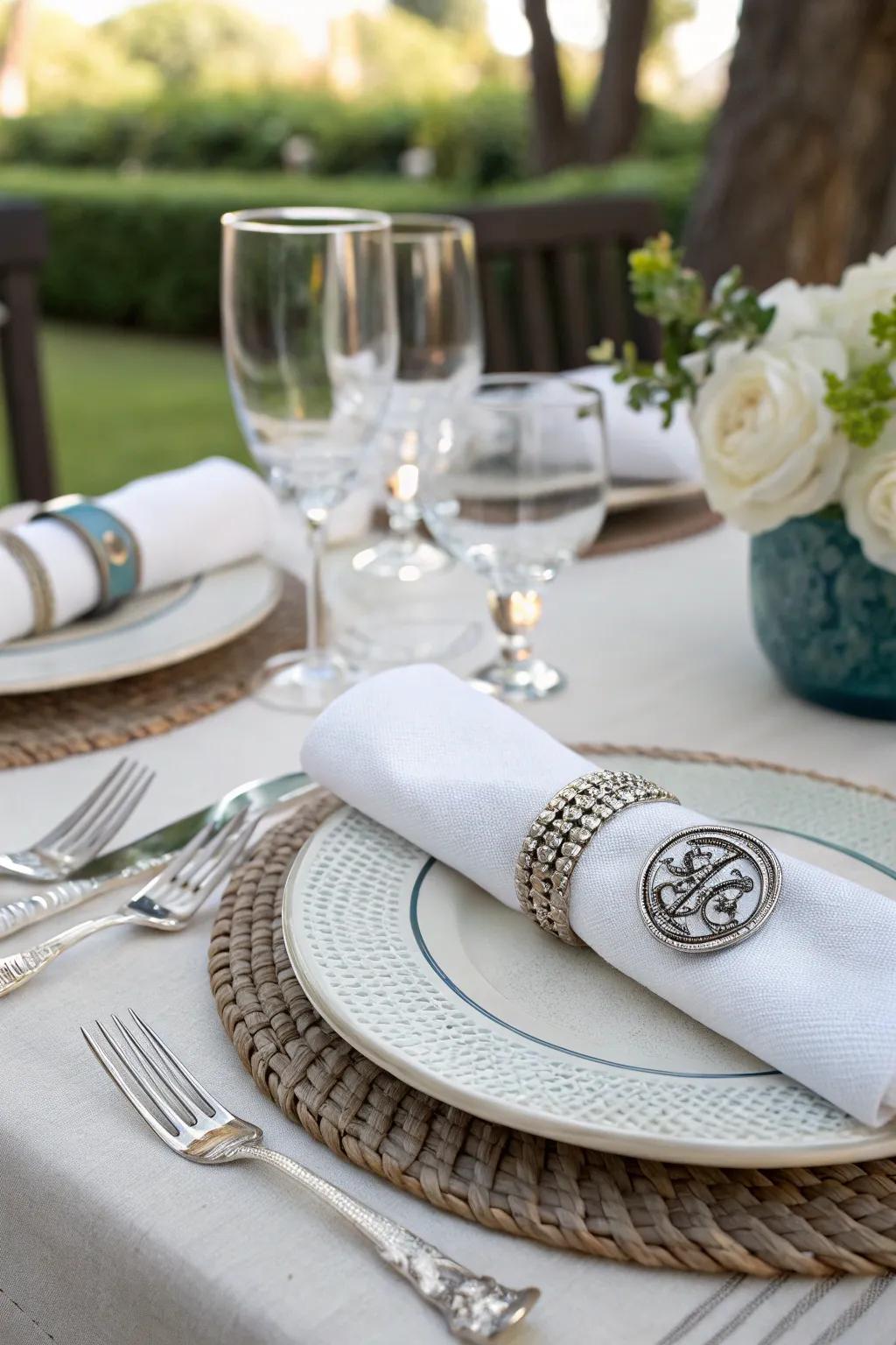 Personalized napkin rings add a thoughtful and welcoming detail.