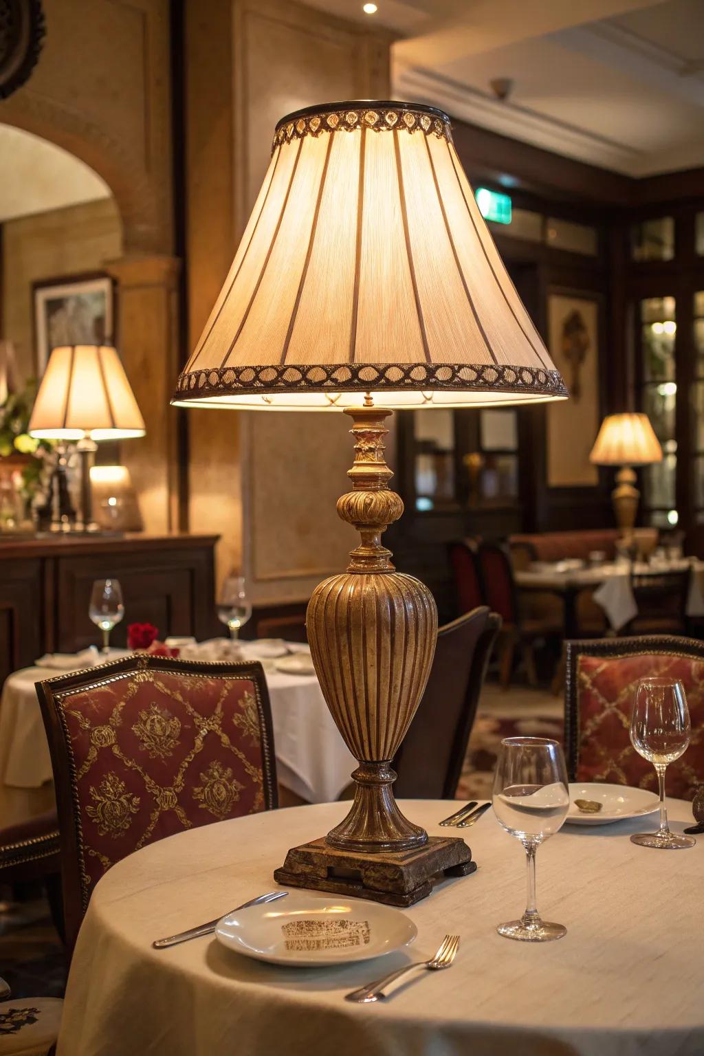 A bold table lamp adds drama to a dining area.