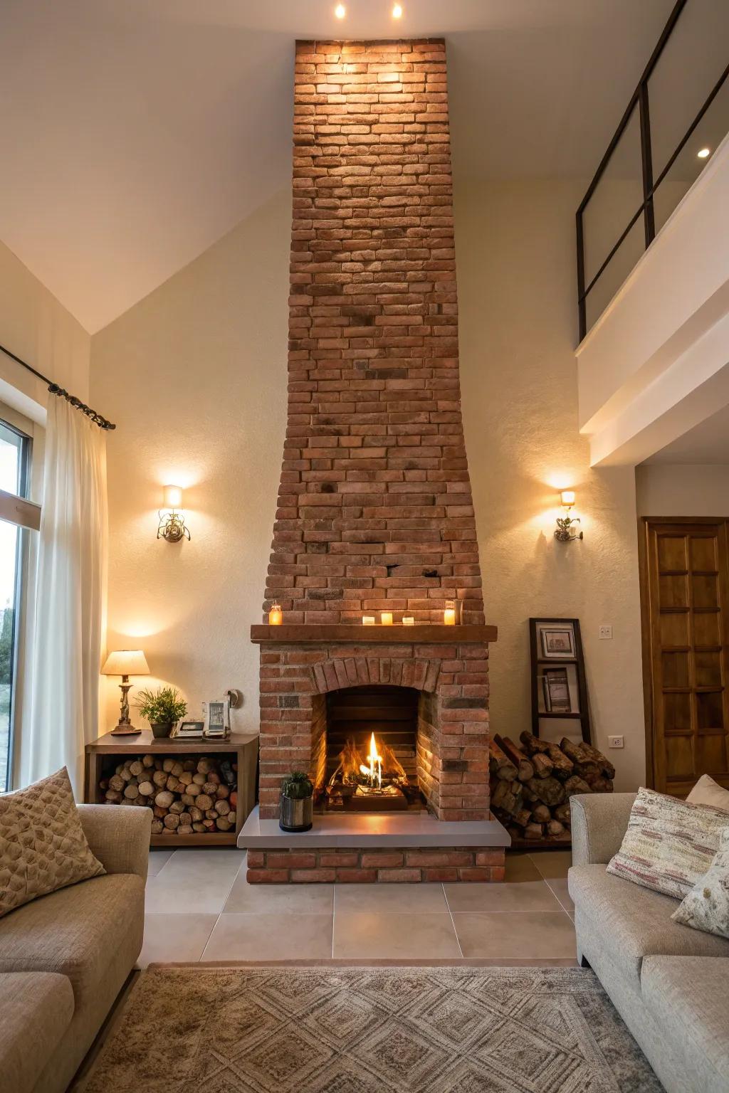 Disclosed brickwork appends countryside charm and texture to a fireplace wall.