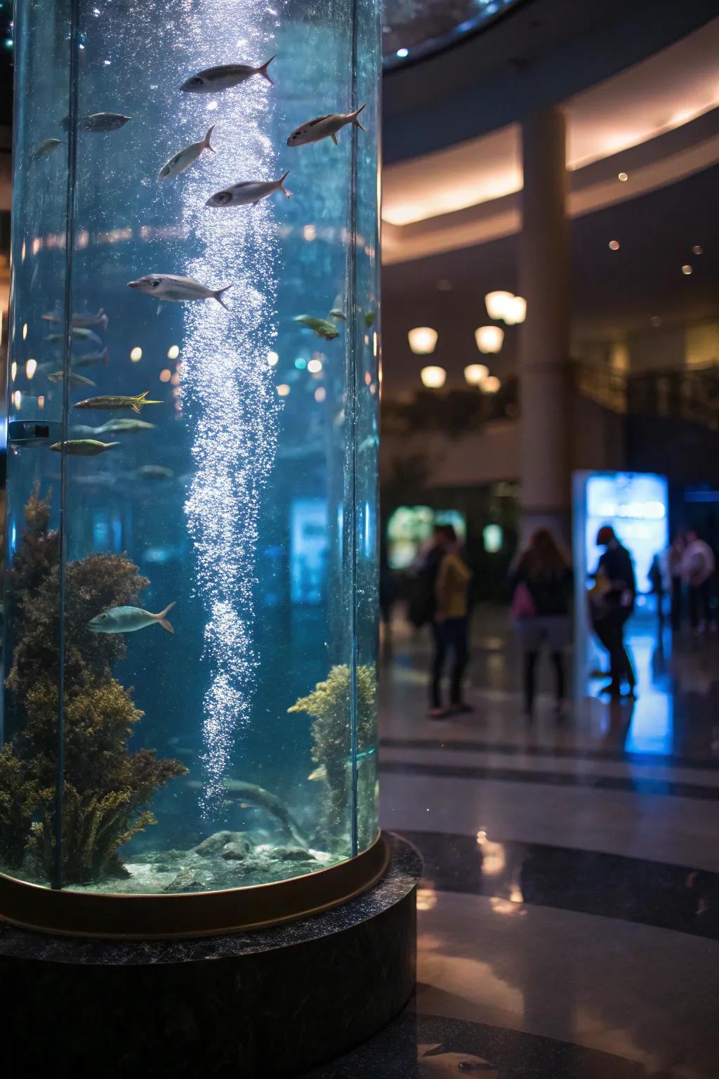 A towering aquarium with a reflective hydration facade enhancing dimension.