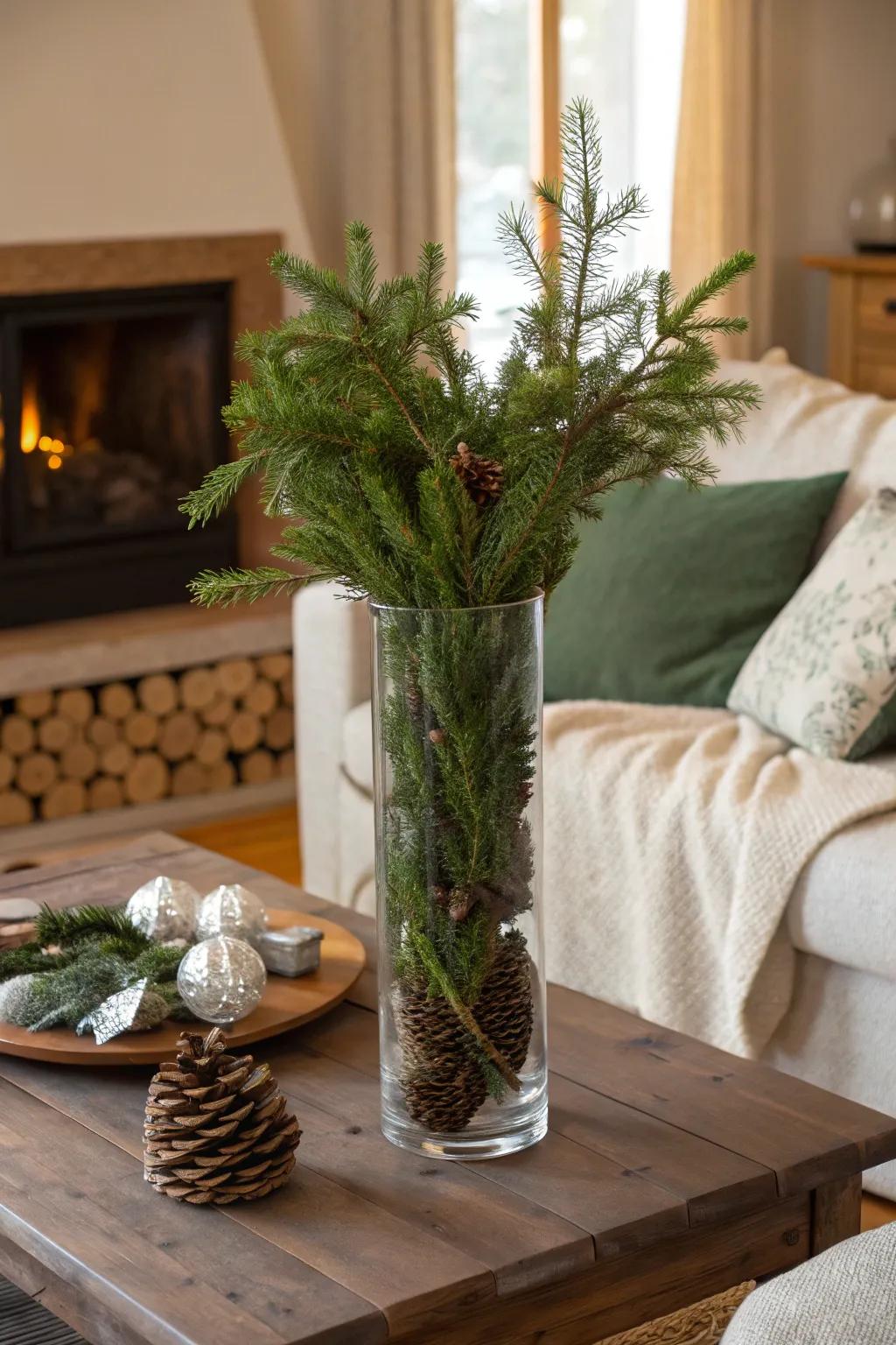 A tall glass vase filled with spruce and greenery, bringing a wintery touch to a cozy room.