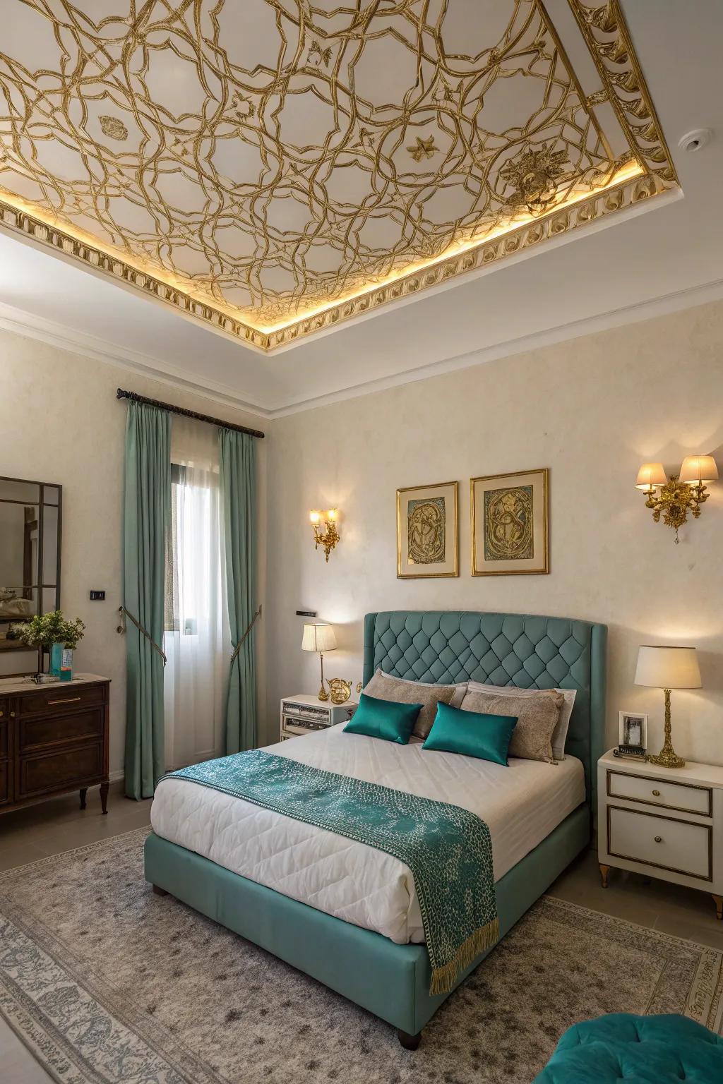 A gilded-accented overhead adds unexpected grandeur to this bedroom.