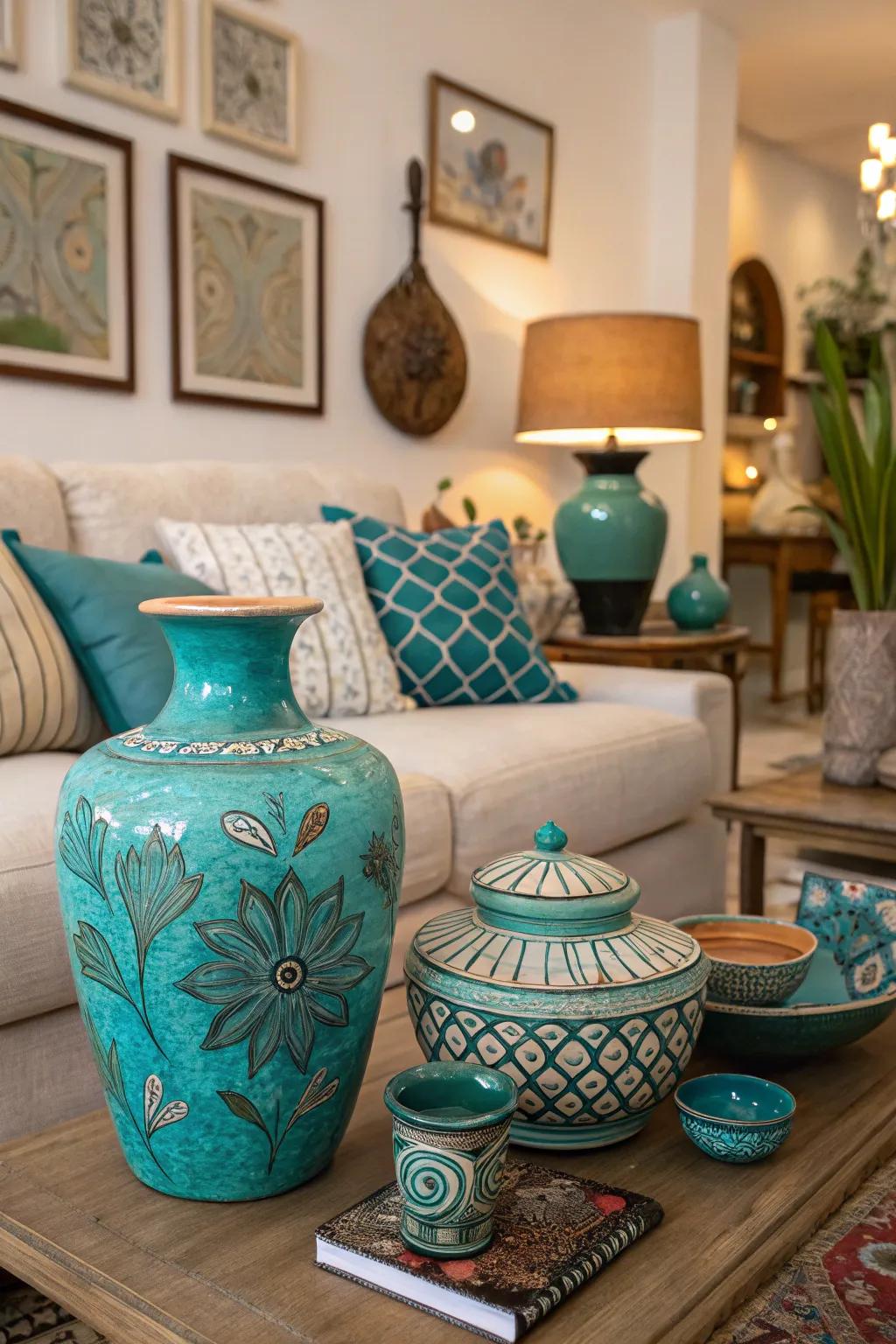 Artistic clay items in teal and turquoise add a handmade personal feel.