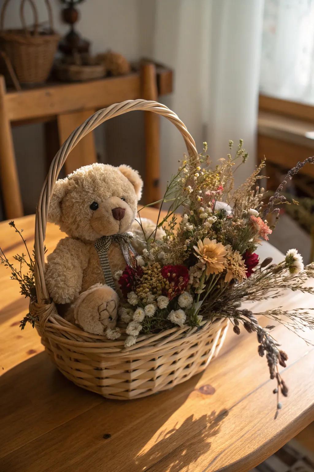 Nature's basket with a teddy bear and dried flowers.