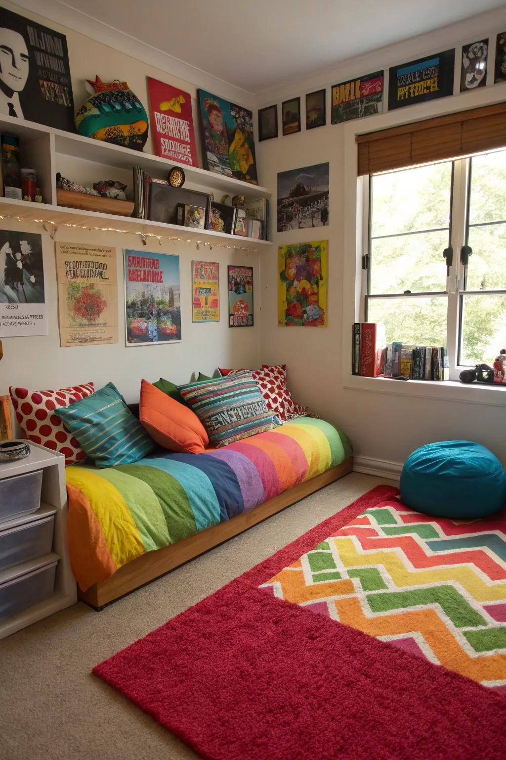 Splashes of color from pillows and a rug add vibrancy to this teen boy's room.