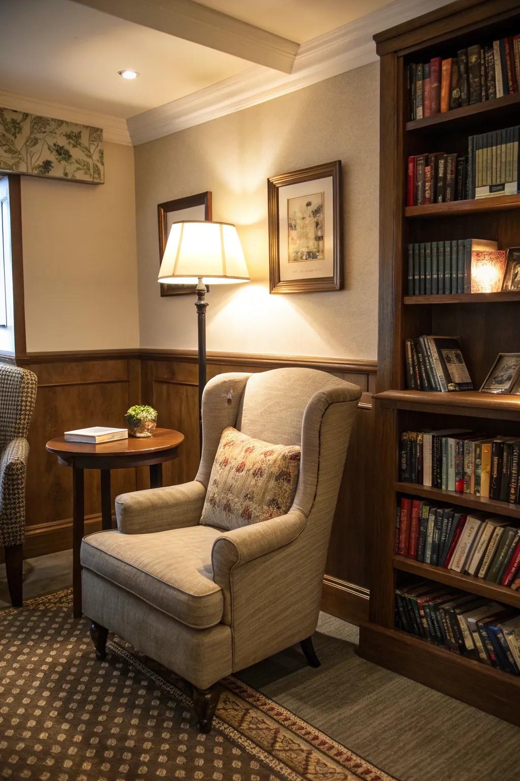 A cozy nook provides a perfect relaxation spot.