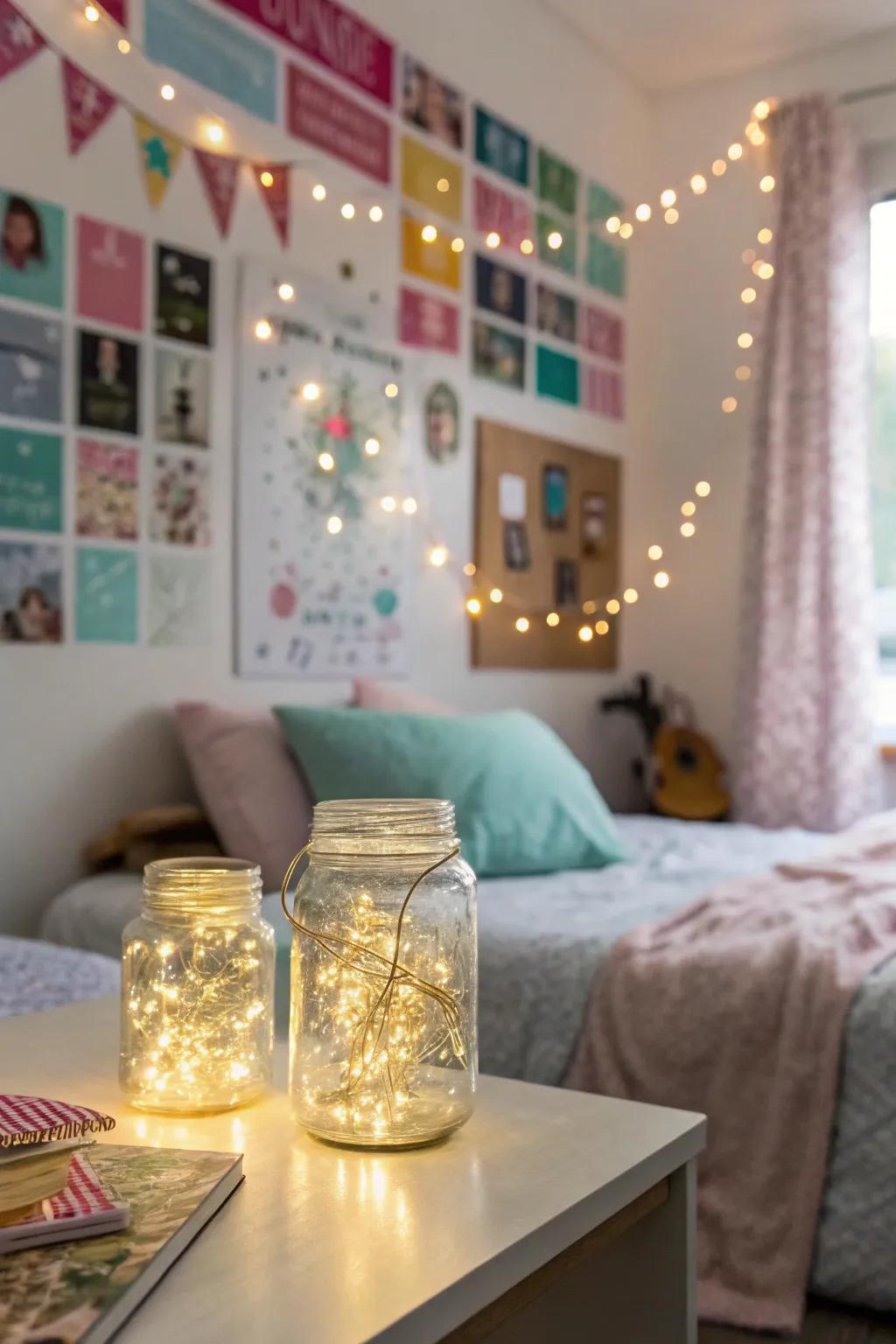 Fairy lights in jars add charming tabletop decor.