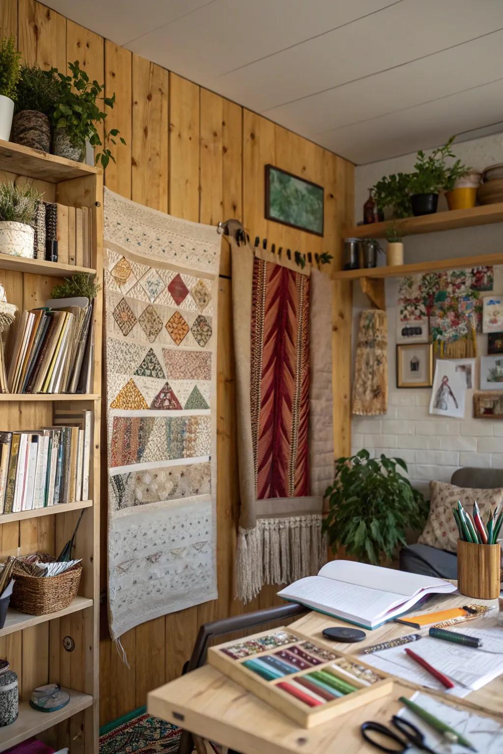 Recycled materials add unique charm and sustainability to this textured art piece.