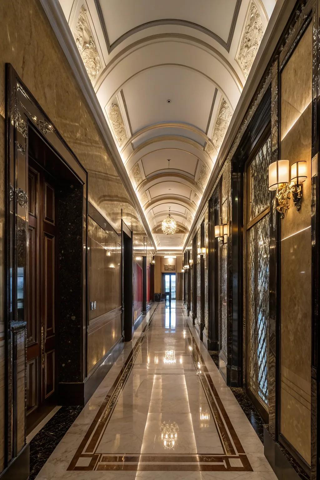 A hallway with high-gloss lacquered paint walls.