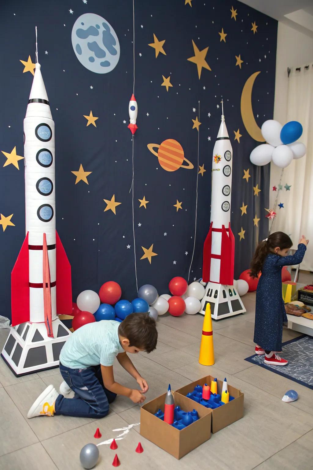 Rocket-themed festivity with cosmic exploration games.